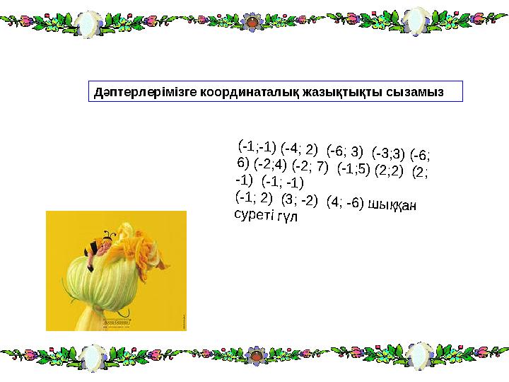 Дәптерлерімізге координаталық жазықтықты сызамыз(-1 ;-1 ) (-4 ; 2 ) (-6 ; 3 ) (-3 ;3 ) (-6 ; 6 ) (-2 ;4 ) (-2 ; 7 ) (-1 ;5 )