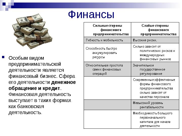 Финансы  Особым видом предпринимательской деятельности является финансовый бизнес. Сфера его деятельности денежное обраще