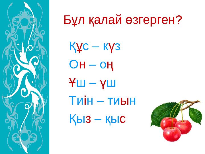 Бұл қалай өзгерген? Қ ұ с – к ү з О н – о ң Ұ ш – ү ш Ти і н – ти ы н Қы з – қы с