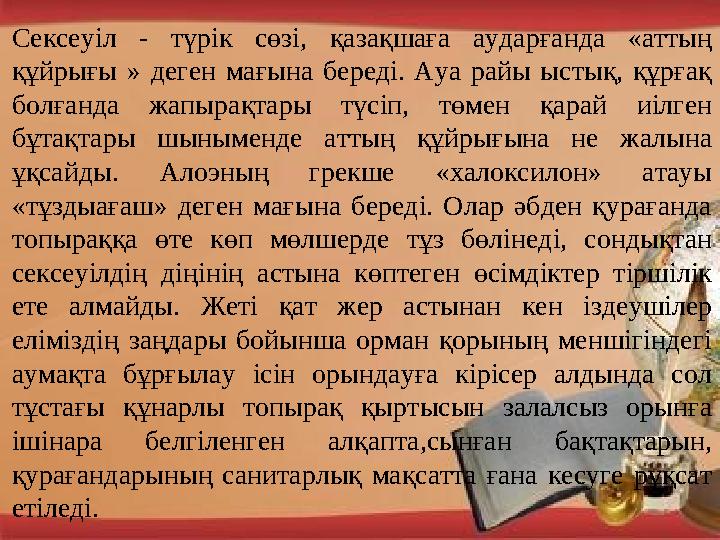 Сексеуіл - түрік сөзі, қазақшаға аударғанда «аттың құйрығы » деген мағына береді. Ауа райы ыстық, құрғақ болған