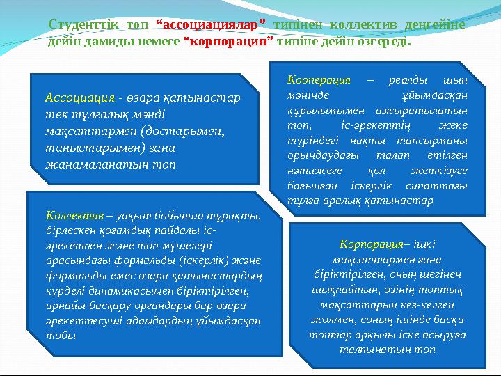 Ассоциация - өзара қатынастар тек тұлғалық мәнді мақсаттармен (достарымен, таныстарымен) ғана жанамаланатын топ Корпорация