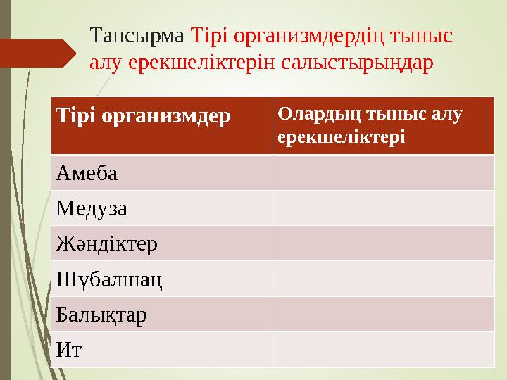 Тапсырма Тірі организмдердің тыныс алу ерекшеліктерін салыстырыңдар Тірі организмдер Олардың тыныс алу ерекшеліктері Амеба М