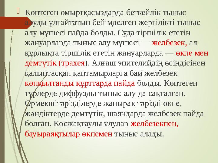  Көптеген омыртқасыздарда беткейлік тыныс алуды ұлғайтатын бейімделген жергілікті тыныс алу мүшесі пайда болды. Суда тіршілік