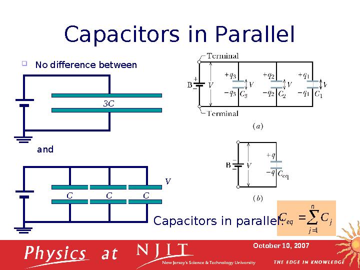 October 10, 2007Capacitors in Parallel  No difference between C C Cand V3C   n j j eq C C 1 Capacitors in parallel: