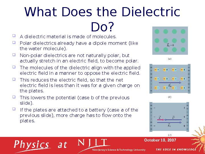 October 10, 2007What Does the Dielectric Do?  A dielectric material is made of molecules.  Polar dielectrics already have a d