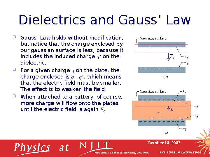October 10, 2007Dielectrics and Gauss’ Law  Gauss’ Law holds without modification, but notice that the charge enclosed by our