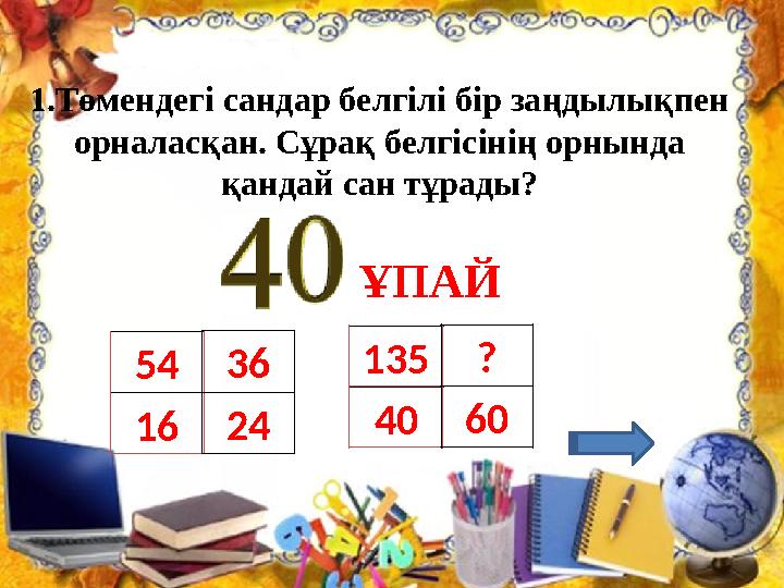 1. Төмендегі сандар белгілі бір заңдылықпен орналасқан. Сұрақ белгісінің орнында қандай сан тұрады? ҰПАЙ 54 36 16 24 135 ? 40
