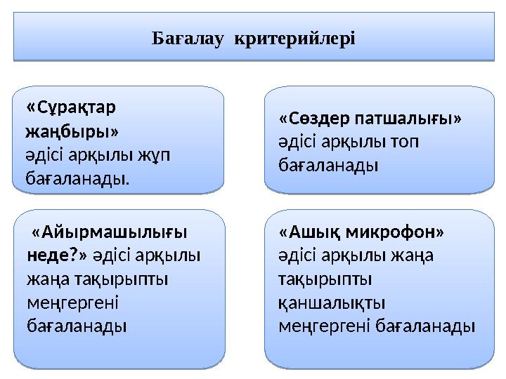 « Сұрақтар жаңбыры» әдісі арқылы жұп бағаланады. «Айырмашылығы неде?» әдісі арқылы жаңа тақырыпты меңгергені б