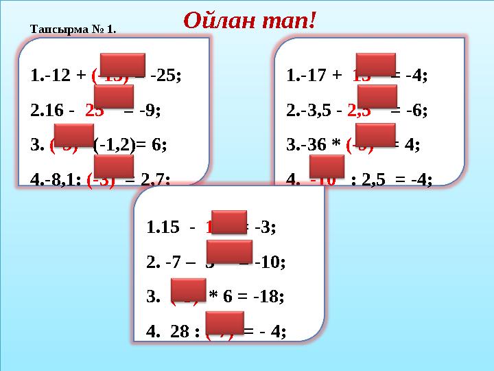 Ойлан тап! Тапсырма № 1. 1. -12 + (-13) = -25; 2. 16 - 25 = -9; 3. (-5) *(-1,2)= 6; 4. -8,1: (-3)