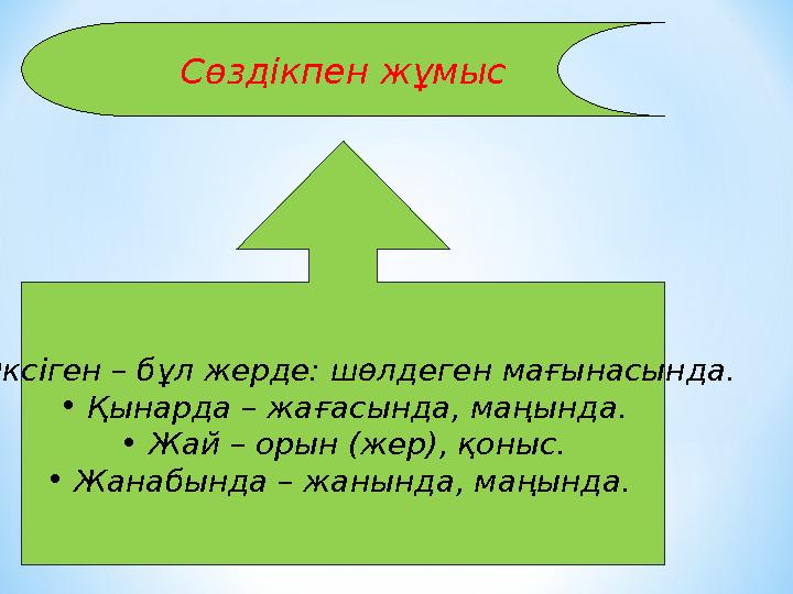 Сөздікпен жұмыс • Өксіген – бұл жерде: шөлдеген мағынасында. • Қынарда – жағасында, маңында. • Жай – орын (жер), қоныс. •