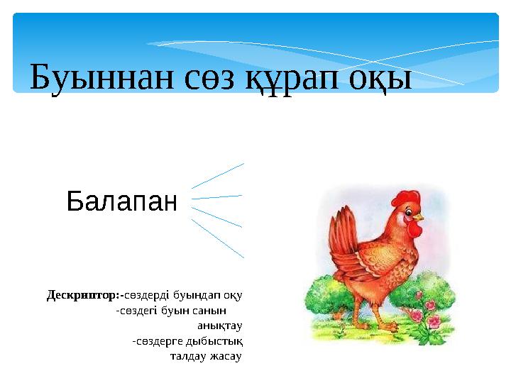 Буыннан сөз құрап оқы Балапан Дескриптор:- сөздерді буындап оқу -сөздегі буын санын анықтау