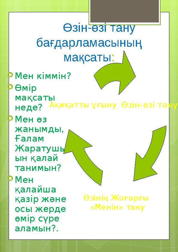 Өзін-өзі тану бағдарламасының мақсаты :  Мен кіммін?  Өмір мақсаты неде?  Мен өз жанымды, Ғалам Жаратушыс ын қ