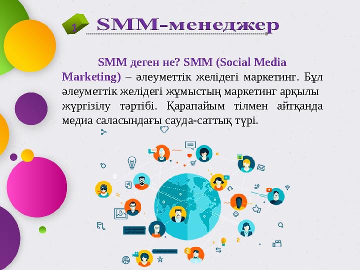 1 SMM деген не? SMM ( Social Media Marketing ) – әлеуметтік желідегі маркетинг. Бұл әлеуметтік желідегі жұмыстың марк