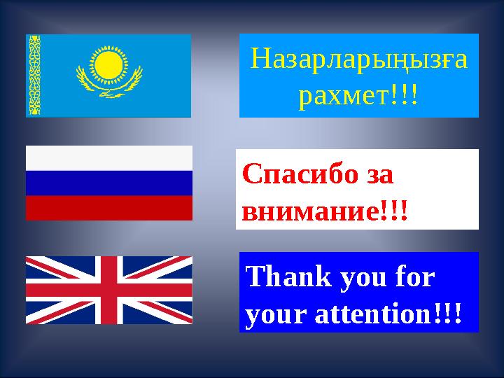 Спасибо за внимание!!! Назарларыңызға рахмет!!! Тhank you for your attention!!!