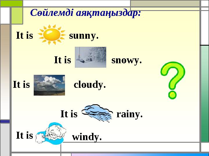 It is It is It is It is It is sunny . Сөйлемді аяқтаңыздар: snowy. cloudy. rainy. windy.