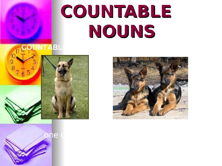 СС OUNTABLE OUNTABLE NOUNSNOUNS С OUNTABLE NOUNS are things that we can count. one dog two dogs