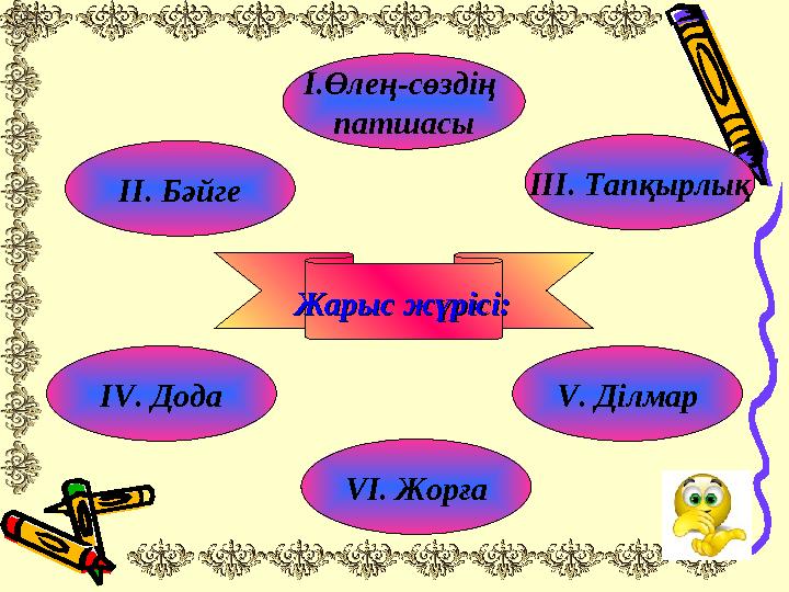 Жарыс жүрісі:Жарыс жүрісі: ІІ. Бәйге І.Өлең-сөздің патшасы ІІІ. Тапқырлық V. Ділмар VІ. Жорға ІV. Дода