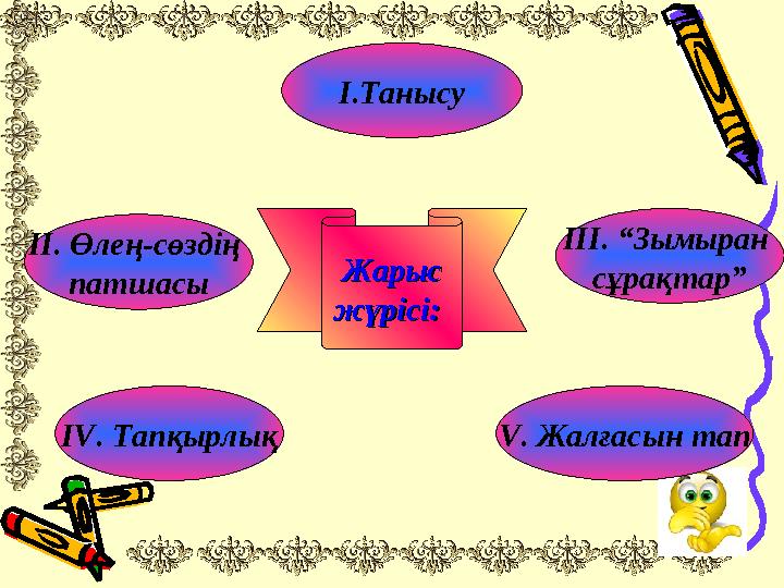 Жарыс Жарыс жүрісі:жүрісі: ІІ. Өлең-сөздің патшасы І.Танысу ІІІ. “Зымыран сұрақтар” ІV. Тапқырлық V. Жалғасын тап