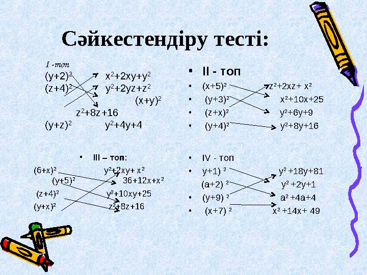 Сәйкестендіру тесті: І -топ (у+2) 2 х 2 +2 xy + y 2 ( z +4) 2 y 2 +2 yz + z 2