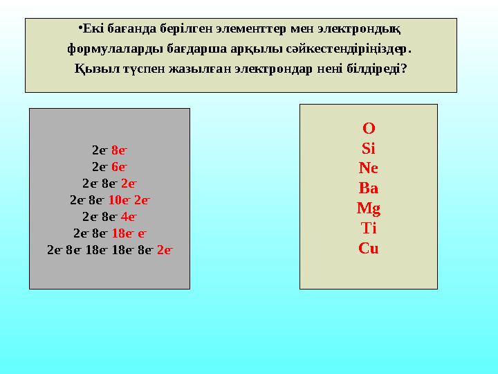 • Екі бағанда берілген элементтер мен электрондық формулаларды бағдарша арқылы сәйкестендіріңіздер. Қызыл түспен жазылған элек