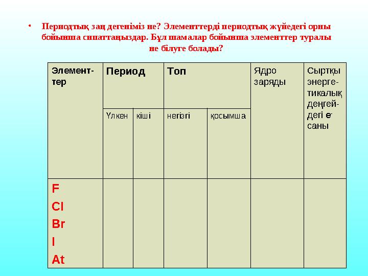 • Периодтық заң дегеніміз не? Элементтерді периодтық жүйедегі орны бойынша сипаттаңыздар. Бұл шамалар бойынша элементтер туралы