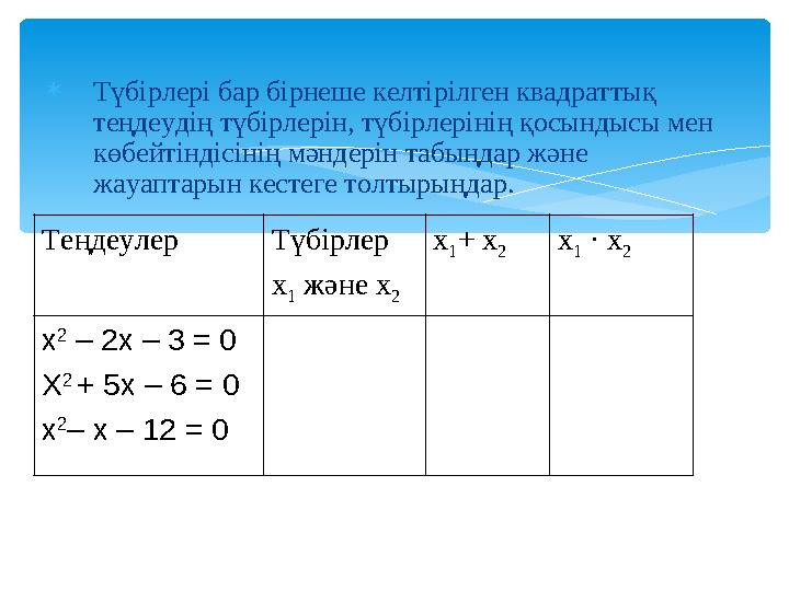Түбірлері бар бірнеше келтірілген квадраттық теңдеудің түбірлерін, түбірлерінің қосындысы мен көбейтіндісінің мәндерін табы