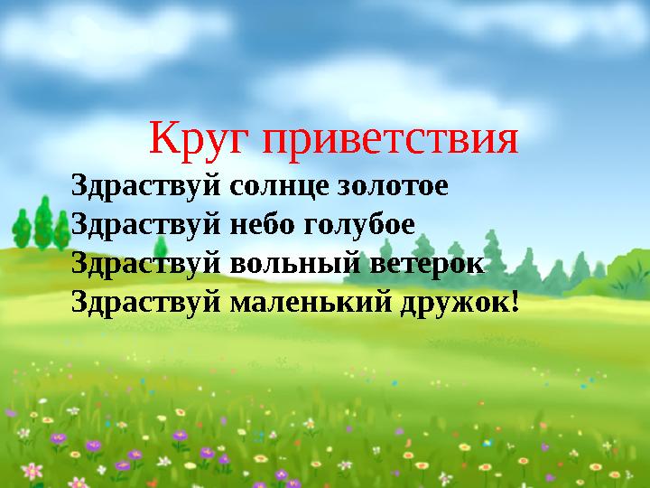 Круг приветствия Здраствуй солнце золотое Здраствуй небо голубое Здраствуй вольный ветерок Здраствуй маленький дружок!