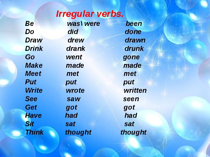 Irregular verbs. Be was\ were been Do did done Dra