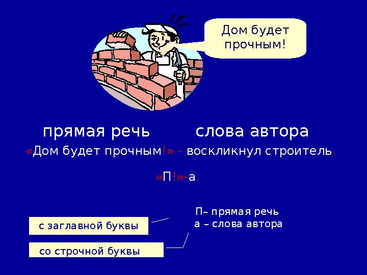 « Дом будет прочным !» - воскликнул строитель . П, П– прямая речь А, а – слова авторапрямая речь слова автора « П !»- а .