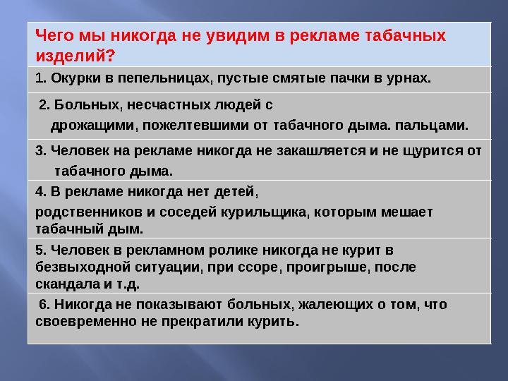 Чего мы никогда не увидим в рекламе табачных изделий? 1. Окурки в пепельницах, пустые смятые пачки в урнах. 2. Больных, несча