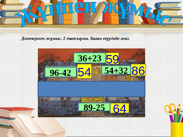 54 59 86 6496-42 36+23 54+32 89-25Дәптермен жұмыс. 1 тапсырма. Баған түр i нде жаз .