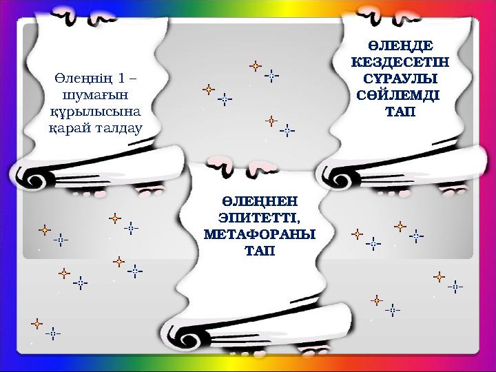 Өлеңнің 1 – шумағын құрылысына қарай талдау ӨЛЕҢНЕН ЭПИТЕТТІ, МЕТАФОРАНЫ ТАП ӨЛЕҢДЕ КЕЗДЕСЕТІН СҰРАУЛЫ СӨЙЛЕМДІ ТАП