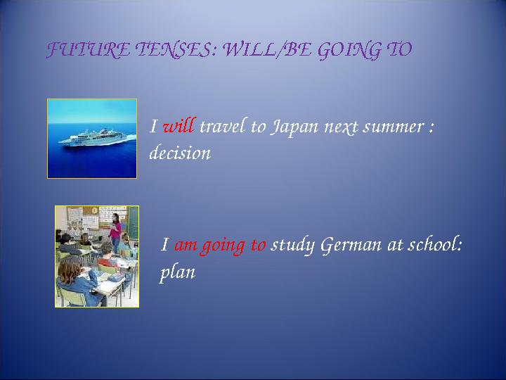 FUTURE TENSES: WILL/BE GOING TO I will travel to Japan next summer : decision I am going to study German at school: plan