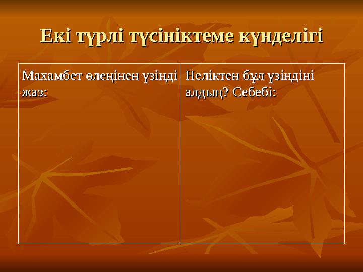 Екі түрлі түсініктеме күнделігіЕкі түрлі түсініктеме күнделігі Махамбет өлеңінен үзінді Махамбет өлеңінен үзінді жаз:жаз: