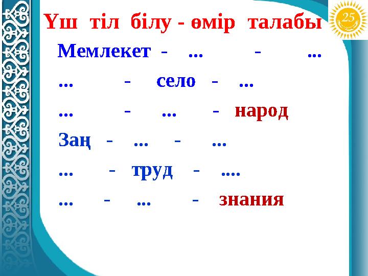 Үш тіл білу - өмір талабы Мемлекет - ... - ... ... - село - ... ...