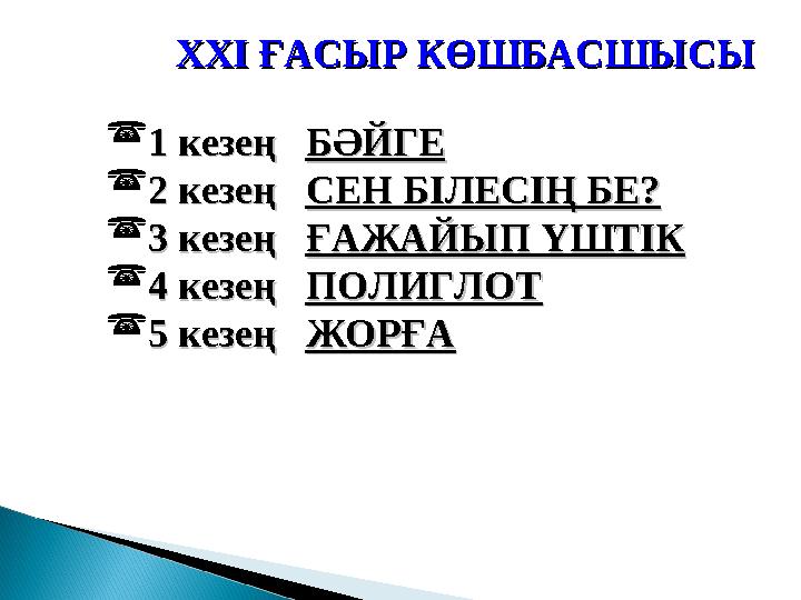 XXI XXI ҒАСЫР КӨШБАСШЫСЫҒАСЫР КӨШБАСШЫСЫ  1 кезең 1 кезең БӘЙГЕБӘЙГЕ  2 кезе2 кезе ң ң СЕН БІЛЕСІҢ БЕ?СЕН БІЛЕСІҢ Б