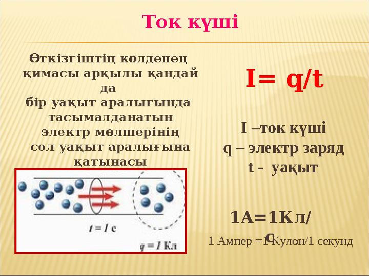 Ток күші Өткізгіштің көлденең қимасы арқылы қандай да бір уақыт аралығында тасымалданатын электр мөлшерінің сол уақыт аралығ