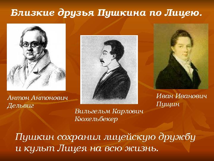 Антон Антонович Дельвиг Иван Иванович Пущин Близкие друзья Пушкина по Лицею. Пушкин сохранил лицейскую дружбу и культ Лицея на