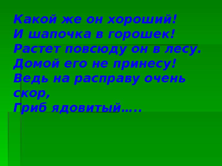 Какой же он хороший! И шапочка в горошек! Растет повсюду он в лесу. Домой его не принесу! Ведь на расправу очень скор, Гриб ядо