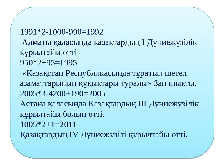 1991*2-1000-990=1992 Алматы қаласында қазақтардың І Дүниежүзілік құрылтайы өтті 950*2+95=1995 « Қазақстан Республикасында т