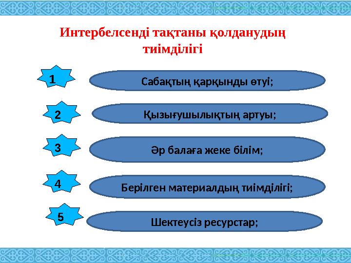 Интербелсенді тақтаны қолданудың тиімділігі Сабақтың қарқынды өтуі;1 2 3 4 5 Қызығушылықтың артуы; Әр балаға жеке білім; Берілг