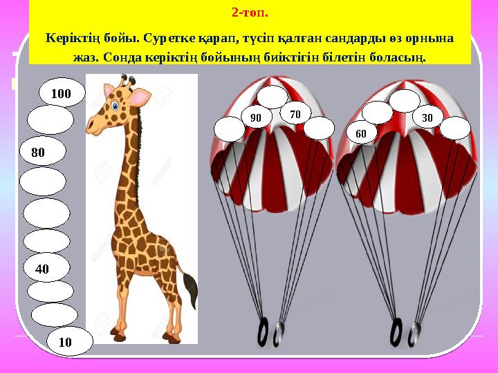 2-топ. Керіктің бойы. Суретке қарап, түсіп қалған сандарды өз орнына жаз. Сонда керіктің бойының биіктігін білетін боласың. 100