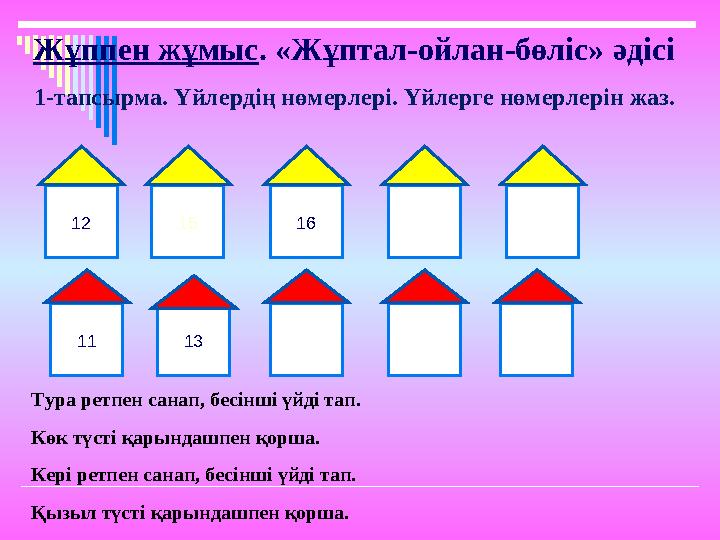 Жұппен жұмыс . «Жұптал-ойлан-бөліс» әдісі 1-тапсырма. Үйлердің нөмерлері. Үйлерге нөмерлерін жаз. 12 15 16 11 13 Тура ретпен сан