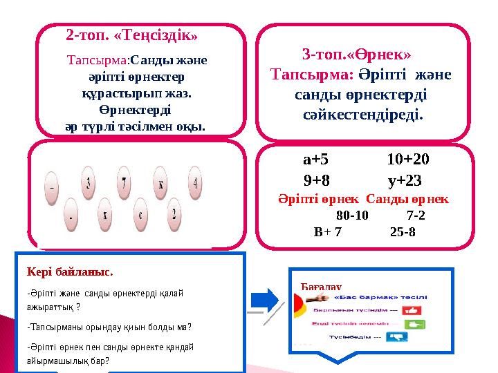 2-топ. «Теңсіздік » Тапсырма : Санды және әріпті өрнектер құрастырып жаз. Өрнектерді әр түрлі тәсілмен оқы. 3-топ.«Өрне