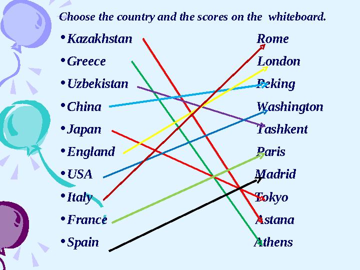 Choose the country and the scores on the whiteboard. • Kazakhstan Rome • Greece