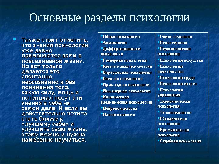 Основные разделы психологии  Также стоит отметить, Также стоит отметить, что знания психологии что знания психологии уже давн