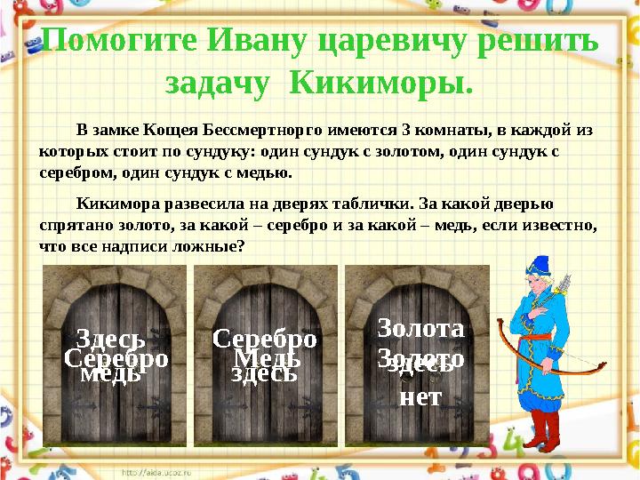 Помогите Ивану царевичу решить задачу Кикиморы. В замке Кощея Бессмертнорго имеются 3 комнаты, в каждой из которых стоит по с