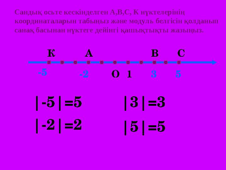 Сандық осьте кескінделген А,В,С, К нүктелерінің координаталарын табыңыз және модуль белгісін қолданып санақ басынан нүктеге де