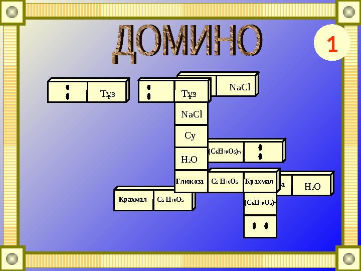 1 Тұз Глюкоза H 2 OСу NaCl Крахмал C 5 H 10 O 5 (C 6 H 10 O 5 ) nТұз NaCl Су H 2 O Глюкоза C 5 H 10 O 5 Крахмал (C 6 H 10 O