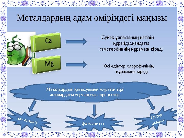 Металдардың адам өміріндегі маңызы Өсімдіктер хлорофилінің құрамына кіредіСүйек ұлпасының негізін құрайды,қандағы гемоглобинн